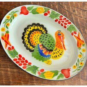 Vintage Enamel Turkey Design Serving Platter 17.5 Inch